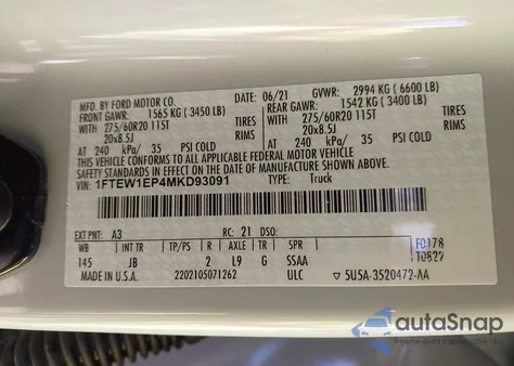 2021 Ford F-150 Xl z USA, uszkodzony, nr VIN 1FTEW1EP4MKD93091